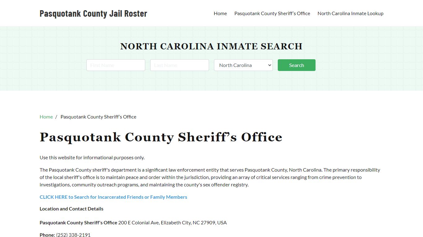 Pasquotank County Sheriff Office, NC, Arrest Warrants Search