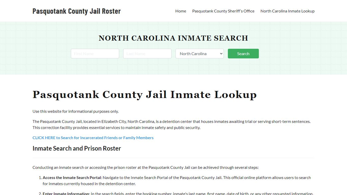 Pasquotank County Jail Roster Lookup, NC, Inmate Search